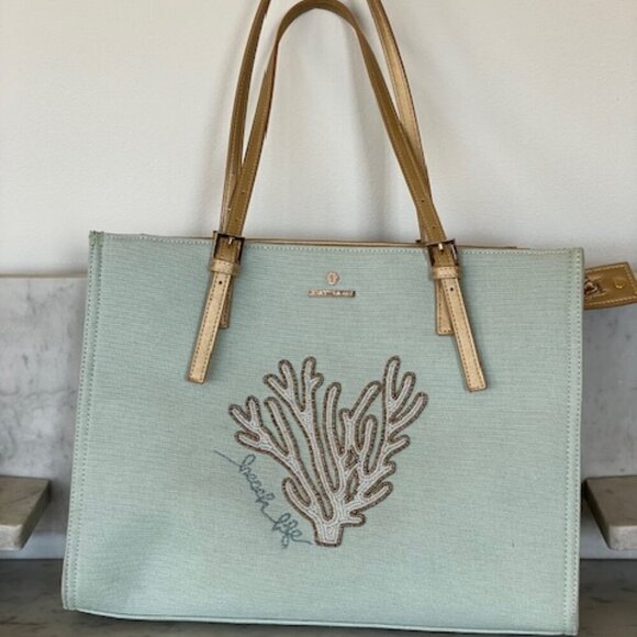 SPARTINA 449 beach life Beaded Coral Linen Blue Gold Tote Shoulder Bag - Picture 4 of 17